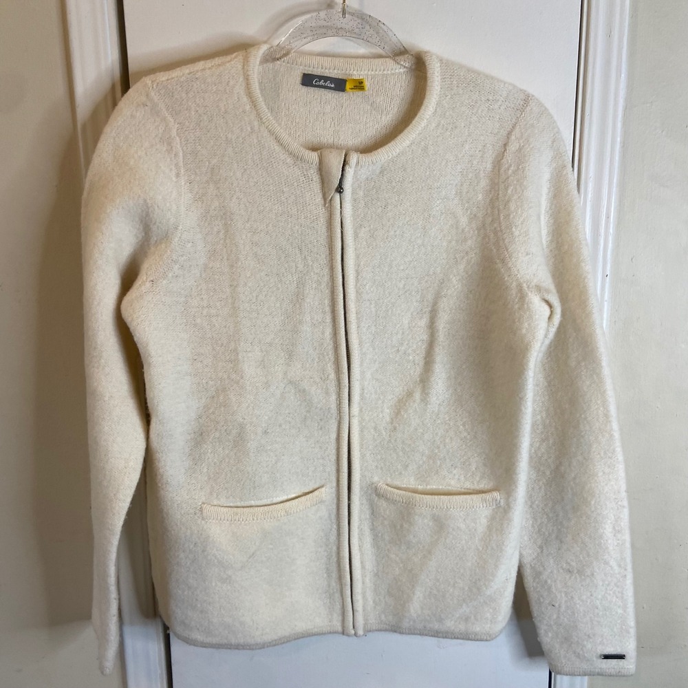 Cabelas Womens 100% Wool Full Zip Cardigan Sweater Cream Ivory Boiled Wool Small